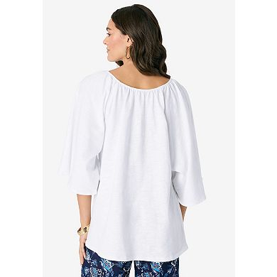 Roaman's Women's Plus Size Notch Neck Textured Tee