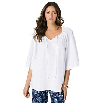 Roaman's Women's Plus Size Notch Neck Textured Tee