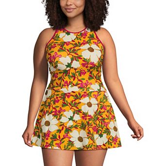 Women's Lands' End Long Tugless High Neck One-Piece Swim Dress