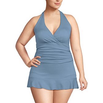 Plus Size Lands' End Pique Halter Ruffle Hem Mini One-Piece Swim Dress Swimsuit
