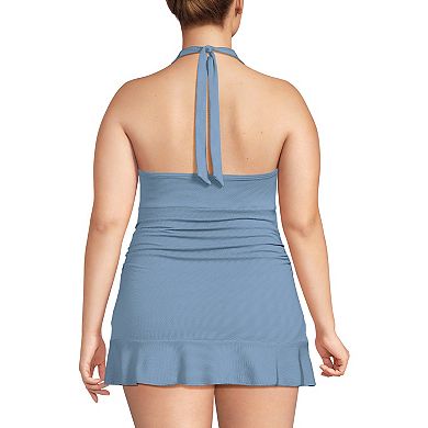 Plus Size Lands' End Pique Halter Ruffle Hem Mini One-Piece Swim Dress Swimsuit