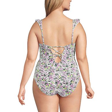 Plus Size Lands' End Pique Ruffle One-Piece Swimsuit