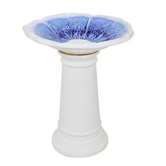 Sunnydaze Misty Blossom Ceramic Outdoor Bird Bath - White and Blue