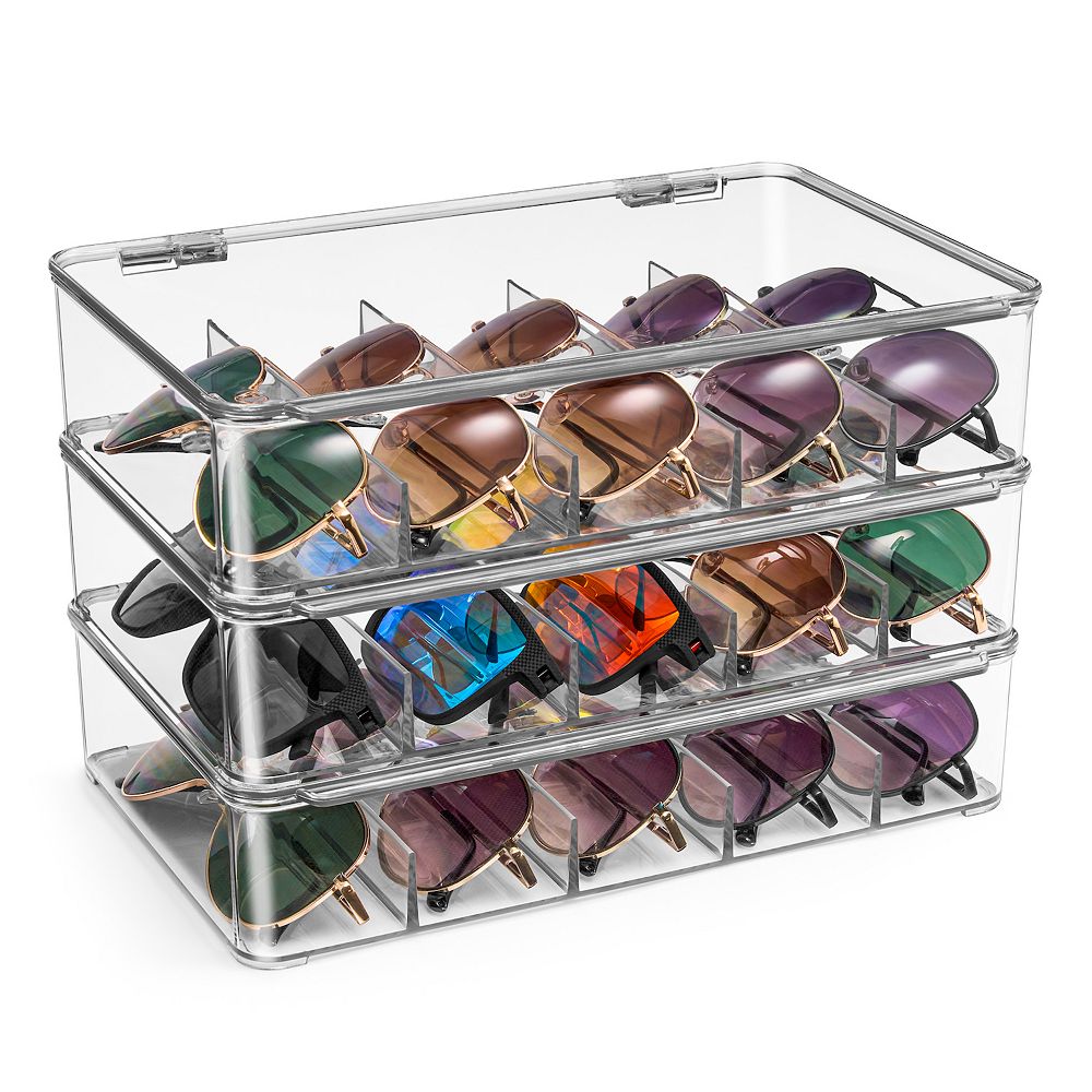 Sorbus 3 Pack Clear Stackable Plastic Sunglass Holder with Hinged Lid