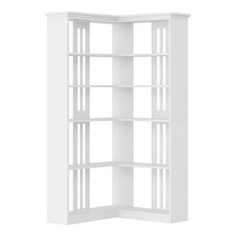 Farmhouse Corner Bookshelf, 72.8" Tall L-Shaped 5 tier Wood Bookcase and Display Storage Rack