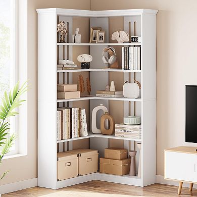 Farmhouse Corner Bookshelf, 72.8" Tall L-Shaped 5-Tier Wood Bookcase and Display Storage Rack
