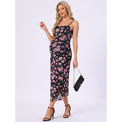 Women's Maternity Mesh Overlay Ruched Side Spaghetti Strap Long Bodycon Pregnancy Dress