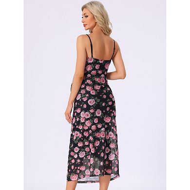 Women's Maternity Mesh Overlay Ruched Side Spaghetti Strap Long Bodycon Pregnancy Dress