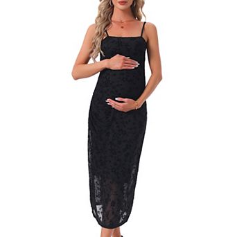 Women's Maternity Mesh Overlay Ruched Side Spaghetti Strap Long Bodycon Pregnancy Dress