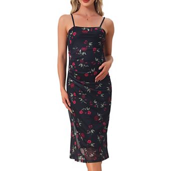 Women's Maternity Mesh Overlay Ruched Side Spaghetti Strap Long Bodycon Pregnancy Dress