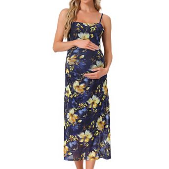 Women's Maternity Mesh Overlay Ruched Side Spaghetti Strap Long Bodycon Pregnancy Dress