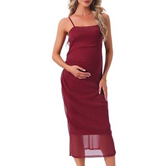 Women's Maternity Mesh Overlay Ruched Side Spaghetti Strap Long Bodycon Pregnancy Dress