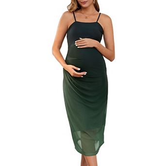 Women's Maternity Mesh Overlay Ruched Side Spaghetti Strap Long Bodycon Pregnancy Dress
