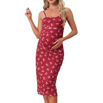 Women's Maternity Mesh Overlay Ruched Side Spaghetti Strap Long Bodycon Pregnancy Dress