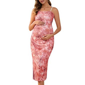 Women's Maternity Mesh Overlay Ruched Side Spaghetti Strap Long Bodycon Pregnancy Dress