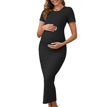 Women's Maternity Dress Bodycon Ribbed Knit Midi Short Sleeve Ruched Pregnancy Photoshoot