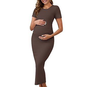 Women's Maternity Dress Bodycon Ribbed Knit Midi Short Sleeve Ruched Pregnancy Photoshoot