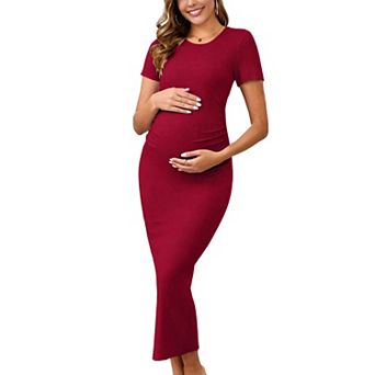 Women's Maternity Dress Bodycon Ribbed Knit Midi Short Sleeve Ruched Pregnancy Photoshoot