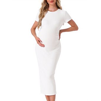 Women's Maternity Dress Bodycon Ribbed Knit Midi Short Sleeve Ruched Pregnancy Photoshoot