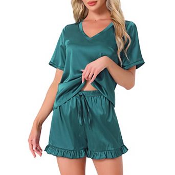Women's Loungewear Short Sleeve Shorts Set V Neck Lounge Set Frill Elastic Waist Pajama Set