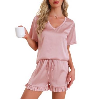 Women's Loungewear Short Sleeve Shorts Set V Neck Lounge Set Frill Elastic Waist Pajama Set