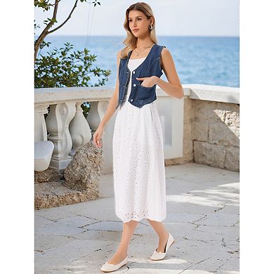 Women's Denim Vest V Neck Sleeveless Button Down Jean Waistcoat Summer Crop Top