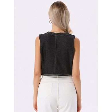 Women's Denim Vest V Neck Sleeveless Button Down Jean Waistcoat Summer Crop Top