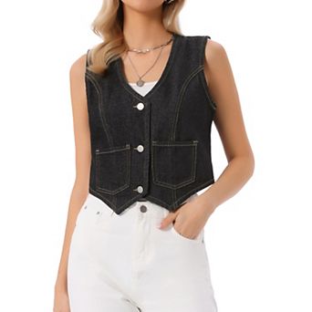 Women's Denim Vest V Neck Sleeveless Button Down Jean Waistcoat Summer Crop Top