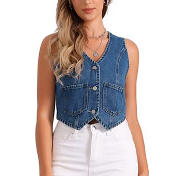Women's Denim Vest V Neck Sleeveless Button Down Jean Waistcoat Summer Crop Top
