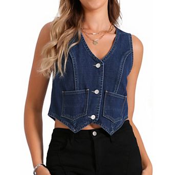 Women's Denim Vest V Neck Sleeveless Button Down Jean Waistcoat Summer Crop Top