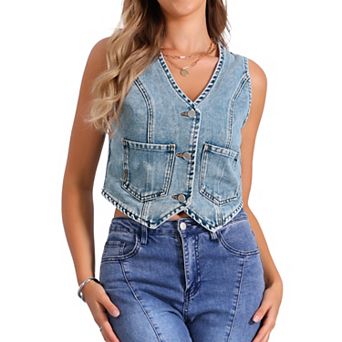 Women's Denim Vest V Neck Sleeveless Button Down Jean Waistcoat Summer Crop Top