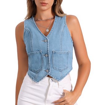 Women's Denim Vest V Neck Sleeveless Button Down Jean Waistcoat Summer Crop Top