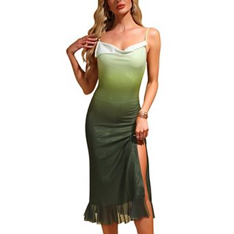 Summer Spaghetti Strap Maxi Dress for Women's Cowl Neck Stretchy Mesh Flowy Wedding Guest Dresses