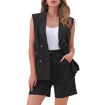 Summer Two Piece Outfits for Women's Double Breasted Sleeveless Blazer Vest Shorts Sets