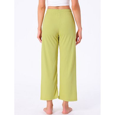 Women's Wide Leg High Waist Pull on Ribbed Knit Casual Drawstring Palazzo Trousers Cropped Pants