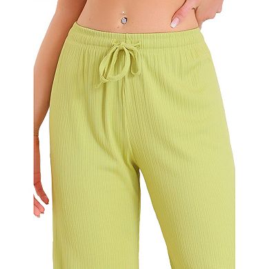 Women's Wide Leg High Waist Pull on Ribbed Knit Casual Drawstring Palazzo Trousers Cropped Pants