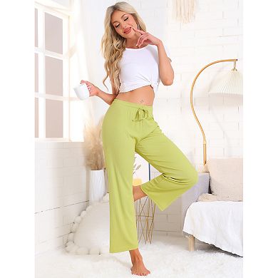 Women's Wide Leg High Waist Pull on Ribbed Knit Casual Drawstring Palazzo Trousers Cropped Pants