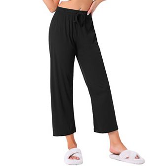 Women's Wide Leg High Waist Pull on Ribbed Knit Casual Drawstring Palazzo Trousers Cropped Pants