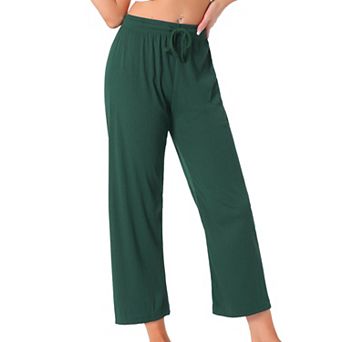 Women's Wide Leg High Waist Pull on Ribbed Knit Casual Drawstring Palazzo Trousers Cropped Pants