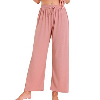 Women's Wide Leg High Waist Pull on Ribbed Knit Casual Drawstring Palazzo Trousers Cropped Pants