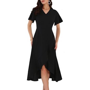 Women's Wedding Guest Dress Ruffles Split V Neck Cocktail Evening Flared Midi Dresses