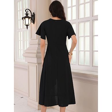 Women's Wedding Guest Dress Ruffles Split V Neck Cocktail Evening Flared Midi Dresses