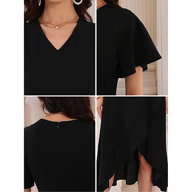 Women's Wedding Guest Dress Ruffles Split V Neck Cocktail Evening Flared Midi Dresses