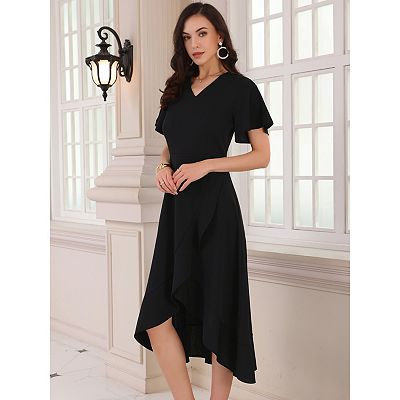 Women's Wedding Guest Dress Ruffles Split V Neck Cocktail Evening Flared  Midi Dresses