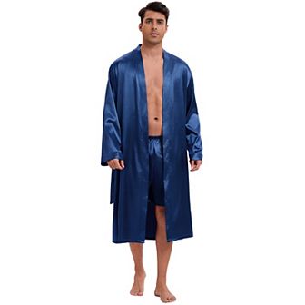 Satin Robe for Men's Nightwear Long Sleeve Kimono Bathrobe Sleepwear with Shorts Set