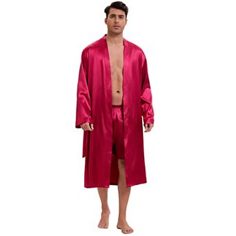 Satin Robe for Men's Nightwear Long Sleeve Kimono Bathrobe Sleepwear with Shorts Set