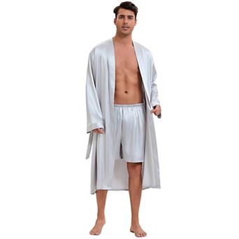 Satin Robe for Men's Nightwear Long Sleeve Kimono Bathrobe Sleepwear with Shorts Set