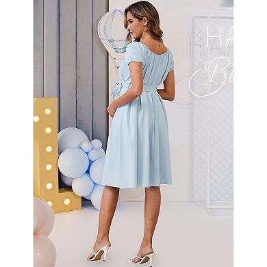 Women's Maternity Dresses Boho Babydoll Waist Belt Short Sleeve Summer One Piece Baby Shower Church