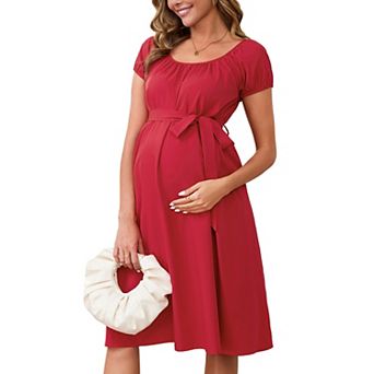 Women's Maternity Dresses Boho Babydoll Waist Belt Short Sleeve Summer One Piece Baby Shower Church