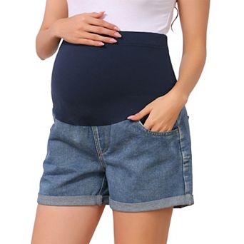 Women's Denim Summer Lounge Roll Hem Maternity Jeans Shorts with Pockets